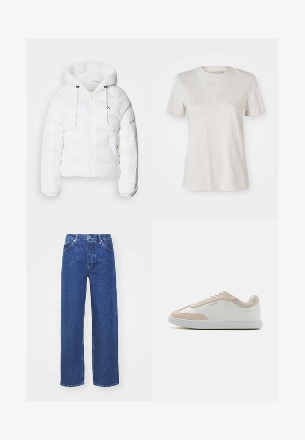 Calvin Klein Jeans LIGHTWEIGHT LOGO PUFFER - Zimná bunda - snow white; Svetlošedé tričko s krátkymi rukávmi vyrobené z mäkkej zmesi bavlny, s okrúhlym výstrihom a malým vyšitým logom na hrudi.; Modré denimové nohavice so širokými nohavicami a vysokým pásom, so zipsom a zapínaním na gombík, pútkami na opasok a jemným vyblednutím látky.; Biele kožené tenisky s béžovými semišovými akcentmi a bielymi šnúrkami. Majú okrúhlu špičku a mäkkú podrážku pre pohodlie.