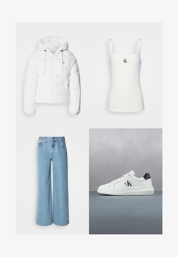 Calvin Klein Jeans LIGHTWEIGHT LOGO PUFFER - Talvejope - snow white; Valge puuvillane top, millel on ruudukujuline kaelus ja kitsad õlapaelad. Esipaneelil on väike must bordüüritud CK logo.; Heledad sinised laiad teksad, mis on valmistatud denimist, kõrgendatud taljega, viie tasku disainiga ja kerge pleekimisega kangal.; Valge madalate sokkidega jooksutoss, millel on must konts, platvormi tallad, paelad ja Calvin Kleini "CK" logo küljel.