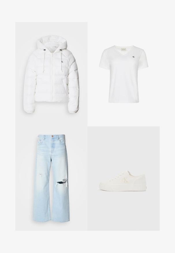 Calvin Klein Jeans LIGHTWEIGHT LOGO PUFFER - Talvejope - snow white; Valge puuvillane t-särk V-kaelusega, lühikeste varrukatega ja vasakul rinnal väikese tumeda logoga. Pehme tekstuur.; Heledad sinised laiad teksad on valmistatud denimist, kõrge talje, suurte rebenemistega põlvedes ja klassikalise viie taskuga disainiga, millel on vaskdetailid.; Valge madala lõikega toss, millel on paks tald ja külgmisel küljel "cK" logo, paelaeest kinnituv esiosa ning minimalistlik disain neutraalsel taustal.