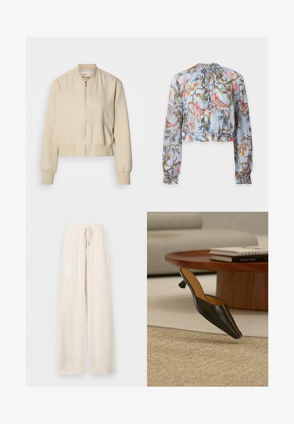 Veste bomber courte beige en tissu léger, avec fermeture éclair frontale, poignets côtelés et texture lisse.; Blouse transparente à manches longues, base bleu clair, imprimé floral coloré, ourlet volanté, encolure froncée et lien à pompon au col.; Pantalon ample de couleur crème avec ceinture élastique et cordon de serrage, fabriqué en tissu léger.; Mule en cuir noir avec un petit talon géométrique sur un tapis beige, près d'une table basse ronde en bois avec des livres empilés.