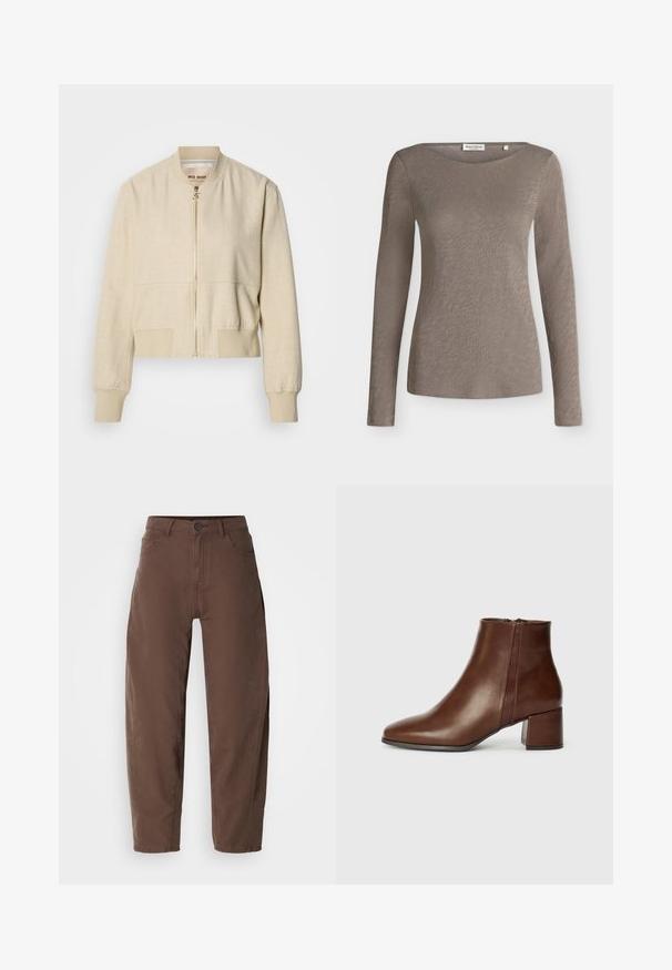 Veste bomber courte beige en tissu léger, avec fermeture éclair frontale, poignets côtelés et texture lisse.; Haut femme taupe à manches longues avec col rond et tissu subtilement texturé, présenté à plat sur fond blanc.; Pantalons marron à jambes droites avec bouton avant et fermeture éclair, passants de ceinture et poches latérales, présentés sur un fond blanc.; Bottes en cuir marron à hauteur de cheville avec un bout pointu et un talon bloc. Équipées d'une fermeture éclaire sur le côté et d'une texture lisse avec peu de détails de couture.