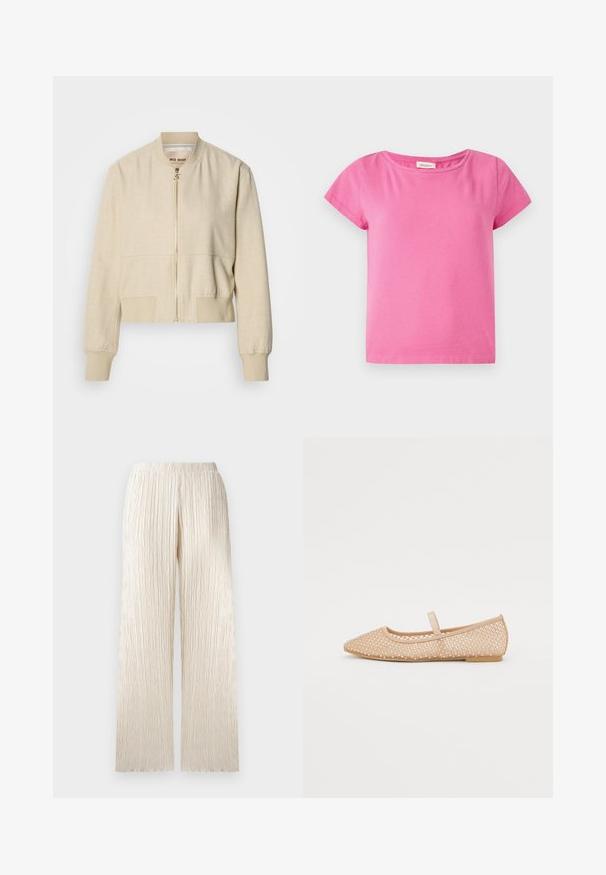 Veste bomber courte beige en tissu léger, avec fermeture éclair frontale, poignets côtelés et texture lisse.; T-shirt en coton rose avec un col rond, des manches courtes et une coupe décontractée. Texture lisse avec une couleur uniforme sur l'ensemble.; Pantalons larges couleur crème avec un design texturé et plissé, dotés d'une taille élastique. Coupe droite avec une apparence douce et fluide.; Ballerines en filet nude avec un nez pointu, des strass décoratifs et une semelle plate. Elles présentent une petite sangle sur le cou-de-pied.