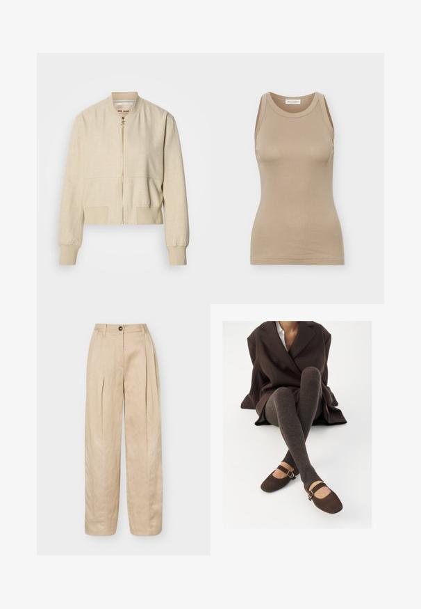 Veste bomber courte beige en tissu léger, avec fermeture éclair frontale, poignets côtelés et texture lisse.; Débardeur beige ajusté pour femmes, sans manches, avec encolure ronde et étiquette Marc O'Polo à l'intérieur du col arrière.; Pantalon beige à jambes larges avec plis avant, passants de ceinture, fermeture par bouton et finition lisse.; Des chaussettes marron côtelées jusqu'aux genoux associées à des ballerines en daim marron de type Mary Jane avec une sangle décorative et une boucle, portées avec un manteau sombre.