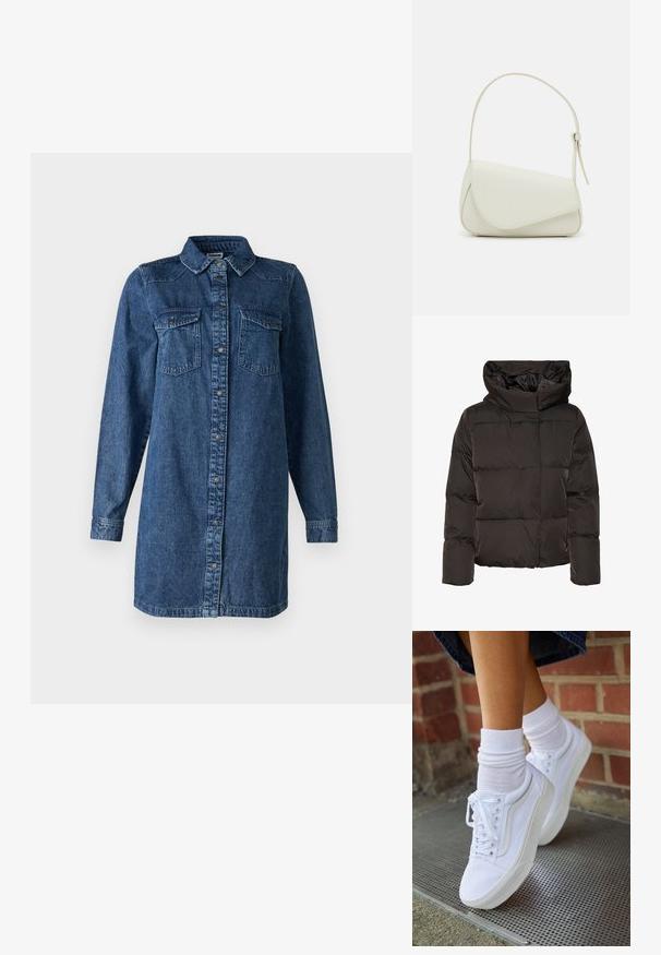 Sort dunjakke med høj krave, quiltet design og en firkantet facon. Fremstillet af glat, let materiale for varme.; Denim skjorte-kjole i mørkeblå. Har lange ærmer, knaplukning foran, to brystlommer og en klassisk krave. Casual pasform.; Hvide lærreds sneakers med gummisåler, der har seks snørehuller, rund tå og let sømdetaljer, krydret med hvide ankelstrømper.; Hvid taske i faux læder med en struktureret trekantet form, enkelt justerbart skulderstrop og en flaplås med kurver.