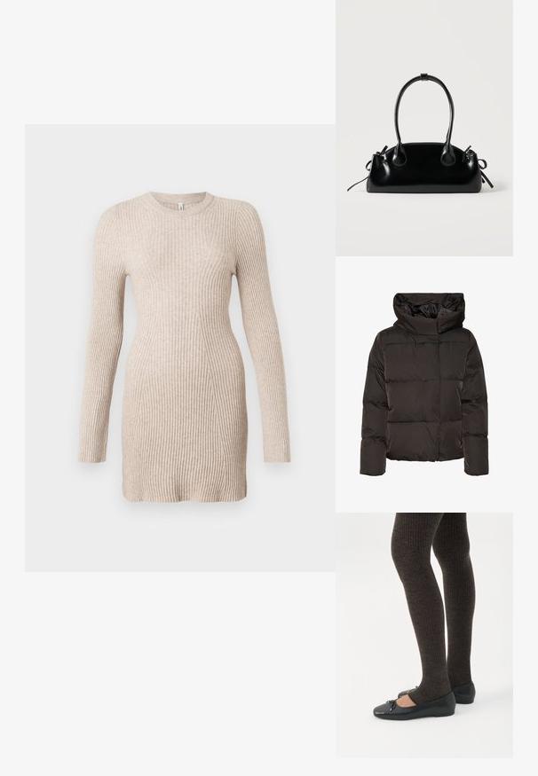 Sort dunjakke med høj krave, quiltet design og en firkantet facon. Fremstillet af glat, let materiale for varme.; Beige ribbet strik langærmet kjole med en tætsiddende talje og rund halsudskæring på en hvid baggrund.; Ben iført mørke ribbede leggings kombineret med sorte balletsko med små sløjfedetaljer på hvid baggrund.; Lille sort blank håndtaske med to lange håndtag og snøre-detaljer i siden på en ensfarvet lys baggrund.