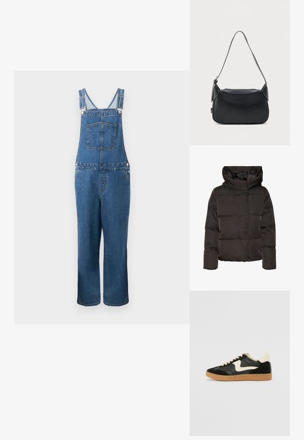 Sort dunjakke med høj krave, quiltet design og en firkantet facon. Fremstillet af glat, let materiale for varme.; Denim overalls med justerbare stropper, en frontlomme og sidelommer. Farven er en mellemblå med en let falmet struktur.; Sorte ruskinds- og lædersneakers med en cremefarvet side-swoosh og lys cremefarvet hæl. Har beige snørebånd og en gummirubber-sål.; Sort skuldertaske i læder med en glat tekstur, rundet form og en tynd strop. Har lynlås og minimal hardware-detaljer.