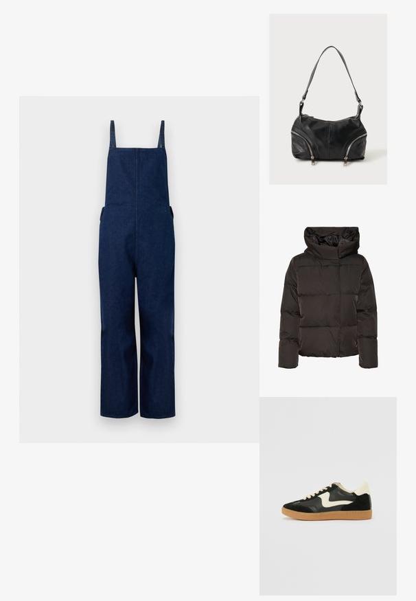 Schwarze Steppjacke mit hohem Kragen, gesteppter Optik und kastiger Form. Hergestellt aus glattem, leichtem Material für Wärme.; Marineblaues Denim-Overall mit weit ausgestellten Beinen, verstellbaren Trägern und Seitentaschen, das durch ein schlichtes, minimalistisches Design und eine glatte Textur besticht.; Schwarze Wildleder- und Leder-Sneaker mit einem cremefarbenen Seiten-Swoosh und einer hellcremefarbenen Ferse. Ausgestattet mit beige Schnürsenkeln und einer Gummilaufsohle.; Schwarze Leder-Schultertasche mit zwei diagonalen silbernen Reißverschlüssen vorne und einem einzelnen breiten Riemen.