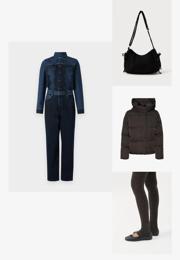 Sort dunjakke med høj krave, quiltet design og en firkantet facon. Fremstillet af glat, let materiale for varme.; Denim jumpsuit med en mørkeblå farve, lange ærmer, knaplukning foran, krave og bælte i taljen med to brystlommer.; Ben iført mørke ribbede leggings kombineret med sorte balletsko med små sløjfedetaljer på hvid baggrund.; Sort kordfløjls skuldertaske med en buet form, justerbar strop og snorelukninger på begge sider til størrelsejustering.