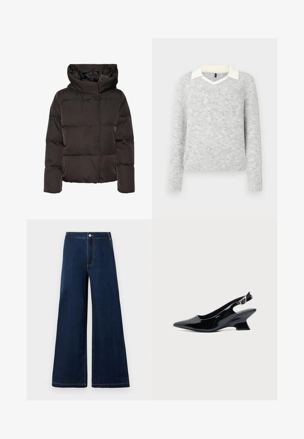 Sort dunjakke med høj krave, quiltet design og en firkantet facon. Fremstillet af glat, let materiale for varme.; Lys grå strikket sweater med lange ærmer og detaljer med hvid V-halskrave, ribbet kant og manchetter, vist på hvid baggrund.; Bredde denim jeans i mørkeblå med guld sting, der har en frontknap og lynlåslukning samt et klassisk fem-lomme design.; Sort laklæder slingback sko med spids tå og lav vinklet blokhæl på ensartet lys baggrund.