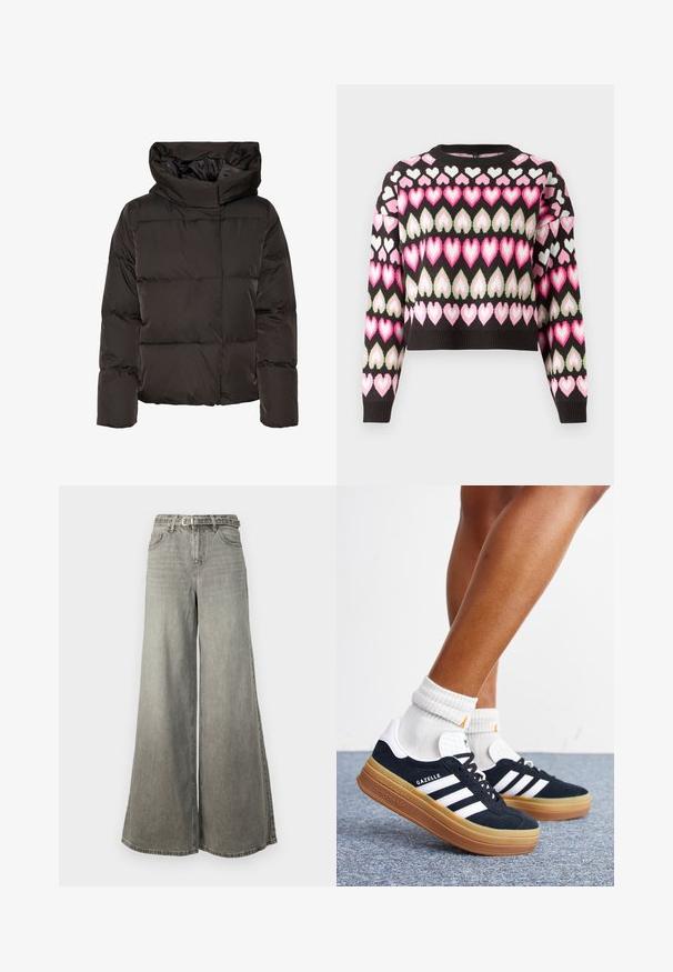 Sort dunjakke med høj krave, quiltet design og en firkantet facon. Fremstillet af glat, let materiale for varme.; Kort sweater i sort med et farverigt hjerte mønster i pink og grøn. Strikket tekstur og ribbede manchetter. Rund halsudskæring.; Vero Moda Tall VMANNET WIDE BELT - Wide leg - medium grey denim; Ben iført hvide sokker og sorte Adidas Gazelle sneakers med hvide striber og tykke brune såler på et gråt tæppe.