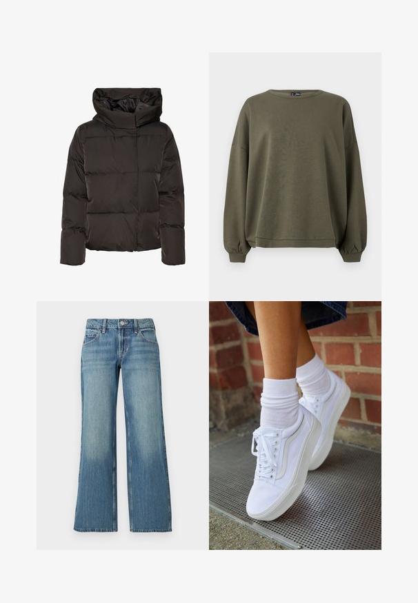 Sort dunjakke med høj krave, quiltet design og en firkantet facon. Fremstillet af glat, let materiale for varme.; Olivengrøn pullover sweatshirt, lavet af blødt stof, har en rund halsudskæring, lange ærmer med elastiske manchetter, og en afslappet pasform.; Lyseblå denimjeans med bred benform, der har en mellemhøj talje, forlommer og diskret falming, der viser en glat tekstur.; Hvide lærreds sneakers med gummisåler, der har seks snørehuller, rund tå og let sømdetaljer, krydret med hvide ankelstrømper.