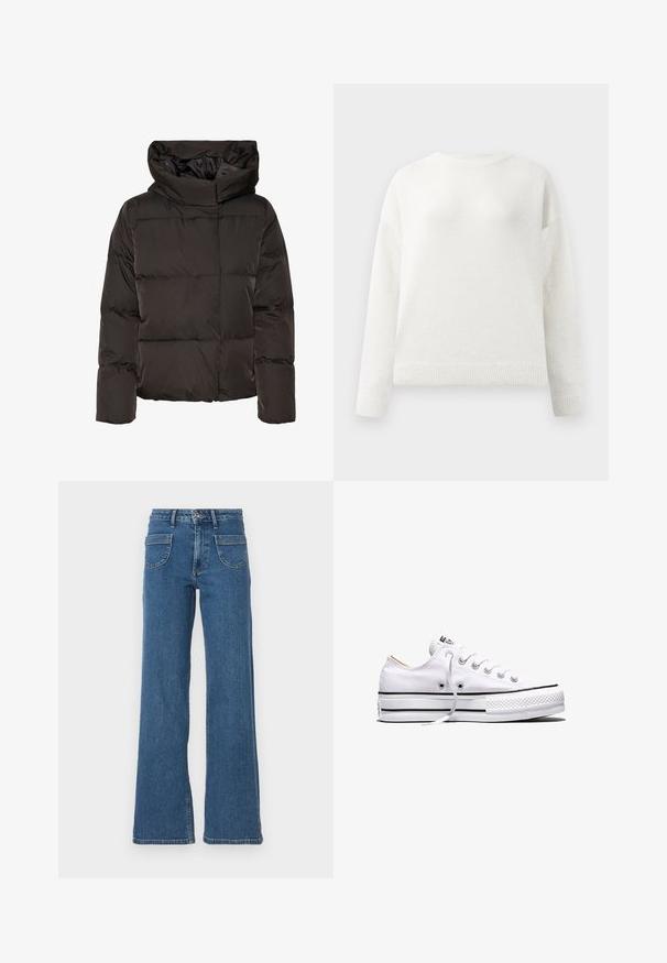 Zwarte donzen jas met een hoge kraag, doorgestikt ontwerp en een vierkante vorm. Gemaakt van glad, lichtgewicht materiaal voor warmte.; Witte crewneck lange mouw trui met geribde manchetten en zoom, met een zachte, iets pluizige textuur.; Blauwe denim wijde jeans met een hoge taille, vijf zakken, sluiting met een knop aan de voorkant en een licht vervaagde afwerking. Gestikte zomen en naden zijn zichtbaar.; Witte lage canvas sneaker met witte veters, zwarte strepen op de zool en een rubberen, getextureerde neuskap, zijaanzicht op een witte achtergrond.