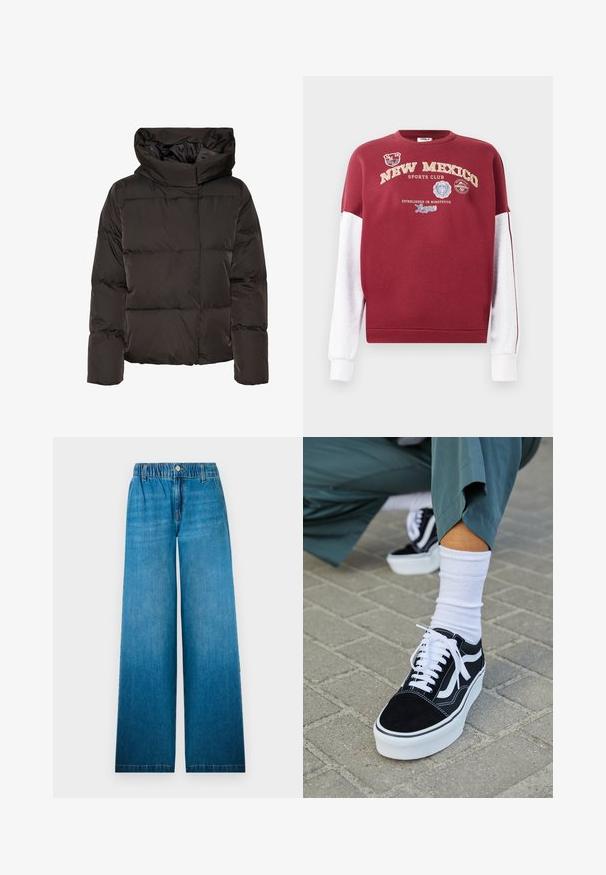 Sort dunjakke med høj krave, quiltet design og en firkantet facon. Fremstillet af glat, let materiale for varme.; Maroon sweatshirt med hvide ærmer, med teksten "New Mexico Sports Club" og forskellige logoer. Materialet er bomuld; ribbede manchetter og kant.; Bredbåndede jeans i lys blå denim, med en elastisk talje, en knaplukning og et lige snitdesign med en falmet effekt.; Sorte ruskinds sneakers med hvide accenter og snørebånd, der har en tyk hvid sål og kontrasterende syninger, parret med en hvid sok.