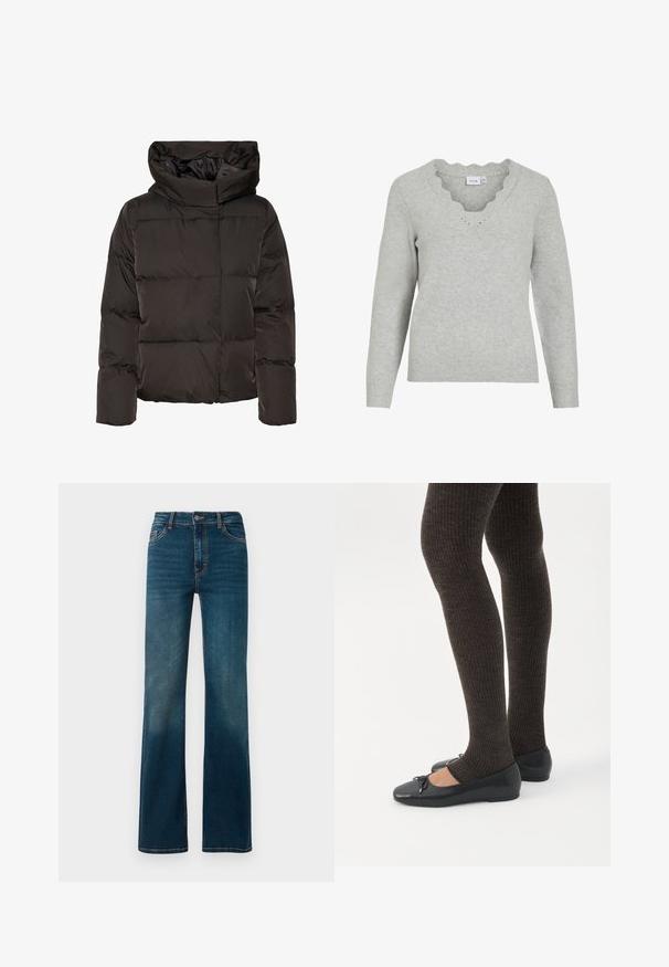 Sort dunjakke med høj krave, quiltet design og en firkantet facon. Fremstillet af glat, let materiale for varme.; Lys grå sweater med lange ærmer og V-udskæring. Har scallopedkant detaljer og en blød strikket tekstur. Minimalistisk design.; Mørkeblå, højtaljede jeans med lige ben. Lavet af denim, med kontrastsyninger og et klassisk fem-lomme design.; Ben iført mørke ribbede leggings kombineret med sorte balletsko med små sløjfedetaljer på hvid baggrund.