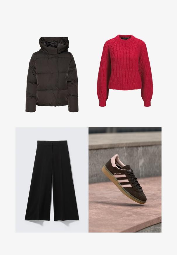 Sort dunjakke med høj krave, quiltet design og en firkantet facon. Fremstillet af glat, let materiale for varme.; Rød chunky strikket sweater med lange ballonærmer og ribbet rund halsudskæring og manchetter, vist forfra på en hvid baggrund.; Sorte bukser med vide ben lavet af glat stof, med høj talje, læg foran og uden synligt hardware eller mønstre.; Mørkebrun ruskindsneaker med pink detaljer, der har tre pink striber, en tekstureret sål og en logo på siden. Klassisk lavprofil-design.