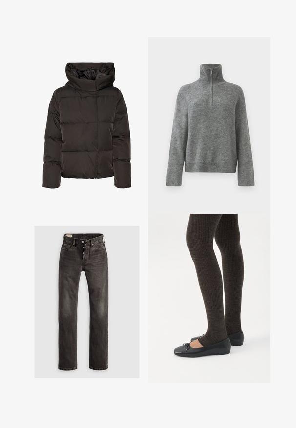 Sort dunjakke med høj krave, quiltet design og en firkantet facon. Fremstillet af glat, let materiale for varme.; Grå striktrøje med høj krave og lynlås i kvart længde foran. Har ribkantede manchetter og kant, og præsenterer en glat, blød tekstur.; Mørkegrå lige ben jeans lavet af denim, der har en knaplukning, fem-lommemodel og subtile falmede detaljer på stoffet.; Ben iført mørke ribbede leggings kombineret med sorte balletsko med små sløjfedetaljer på hvid baggrund.