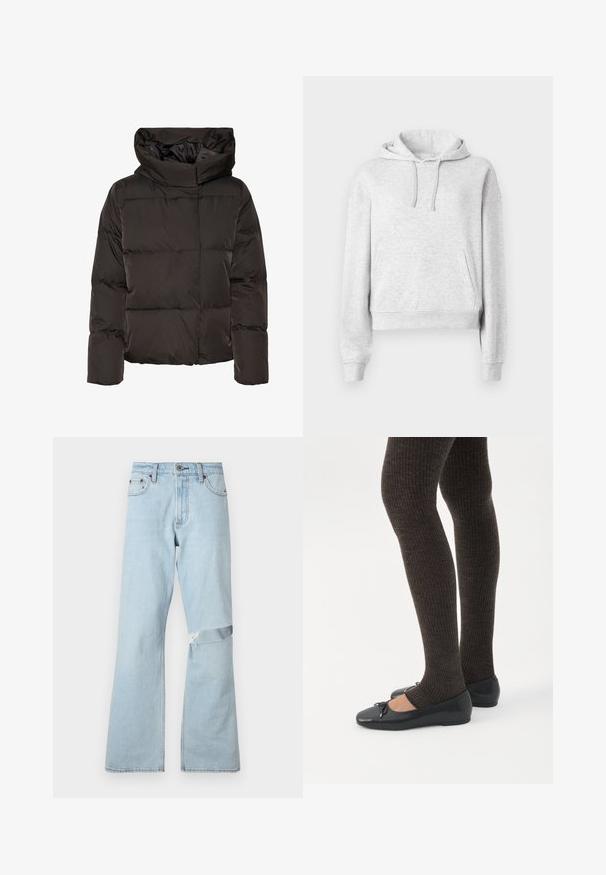 Zwarte donzen jas met een hoge kraag, doorgestikt ontwerp en een vierkante vorm. Gemaakt van glad, lichtgewicht materiaal voor warmte.; Lichtgrijze hoodie met lange mouwen, voorzak, trekkoord in de capuchon, geribde boorden en zoom, weergegeven op een effen witte achtergrond.; Lichtblauwe denim jeans met een uitlopende snit, met een verweerd stuk op de knie en standaard voorzakken.; Benen met donkere geribbelde leggings gecombineerd met zwarte ballerina's met kleine strikdetails op een witte achtergrond.