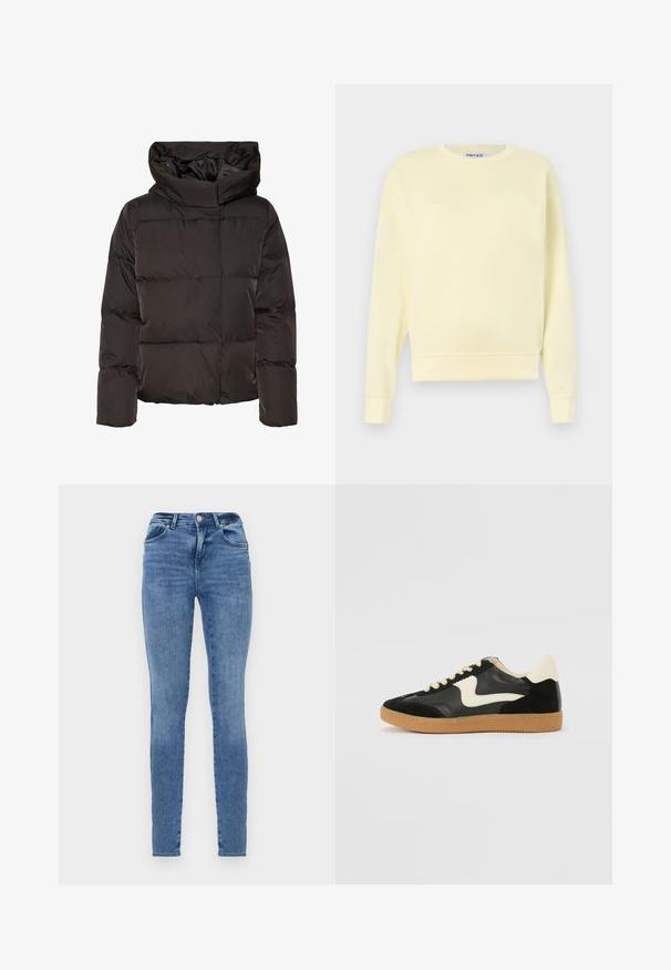 Sort dunjakke med høj krave, quiltet design og en firkantet facon. Fremstillet af glat, let materiale for varme.; Lysegul crewneck-sweatshirt med lange ærmer og ribbede manchetter, vist på hvid baggrund.; Slanke jeans lavet af lyseblå denim med et klassisk design. Har fem lommer, bæltestropper og en subtil falmet tekstur.; Sorte ruskinds- og lædersneakers med en cremefarvet side-swoosh og lys cremefarvet hæl. Har beige snørebånd og en gummirubber-sål.