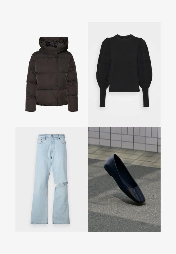 Sort dunjakke med høj krave, quiltet design og en firkantet facon. Fremstillet af glat, let materiale for varme.; Sort sweater med oppustede laceærmer, ribbede manchetter og rund halsudskæring. Blød tekstur, tætsiddende krop, detaljeret lacemønster på ærmerne.; Lysblå denimjeans med flared design, der har et slidtegning på knæet og standard frontlommer.; Sort læder flad sko, stående opret på en asfaltbelægning nær en flisebelagt fortovskant.