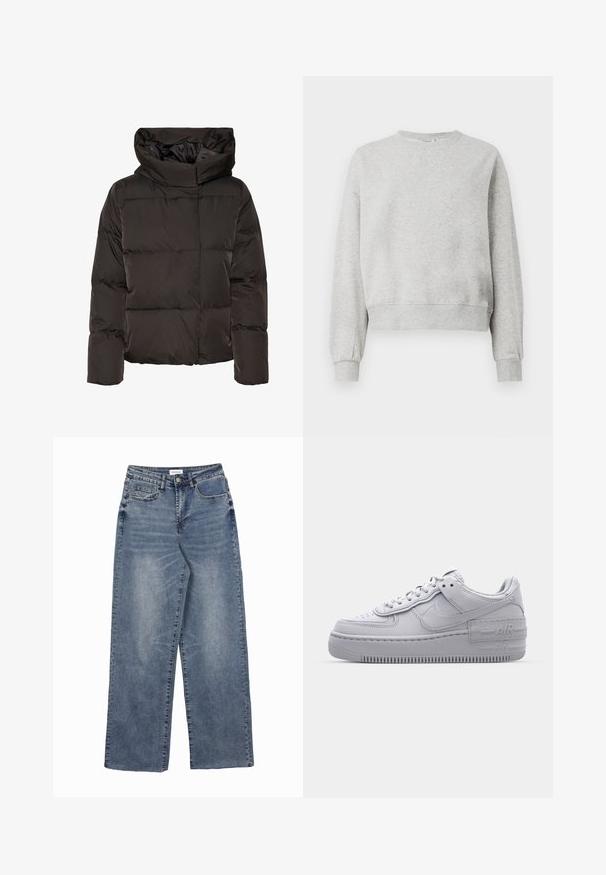 Sort dunjakke med høj krave, quiltet design og en firkantet facon. Fremstillet af glat, let materiale for varme.; Grå sweatshirt lavet af blødt stof, med rund halsudskæring, ribbede manchetter og en cropped kant. Glat tekstur med minimale design detaljer.; Blå denim jeans med vide ben, for- og møntlommer, knaplukning og falmede vaskedetaljer.; Grå Nike Air Force 1 sneakers med perforeret tå, glat læderoverdel, tyk sål og præget 'AIR' detalje på hælen.