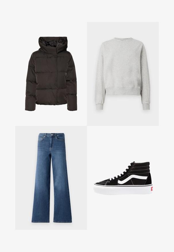 Sort dunjakke med høj krave, quiltet design og en firkantet facon. Fremstillet af glat, let materiale for varme.; Grå sweatshirt lavet af blødt stof, med rund halsudskæring, ribbede manchetter og en cropped kant. Glat tekstur med minimale design detaljer.; Bredde ben blå denimjeans med en standard talje, forlommer og en glat tekstur. Ingen synlige mønstre eller udsmykninger.; Sorte høj-top sneakers med hvide snørebånd, et hvidt logo og kontrasterende hvid syning. Har en tyk hvid sål og struktureret ruskindsoverdel.