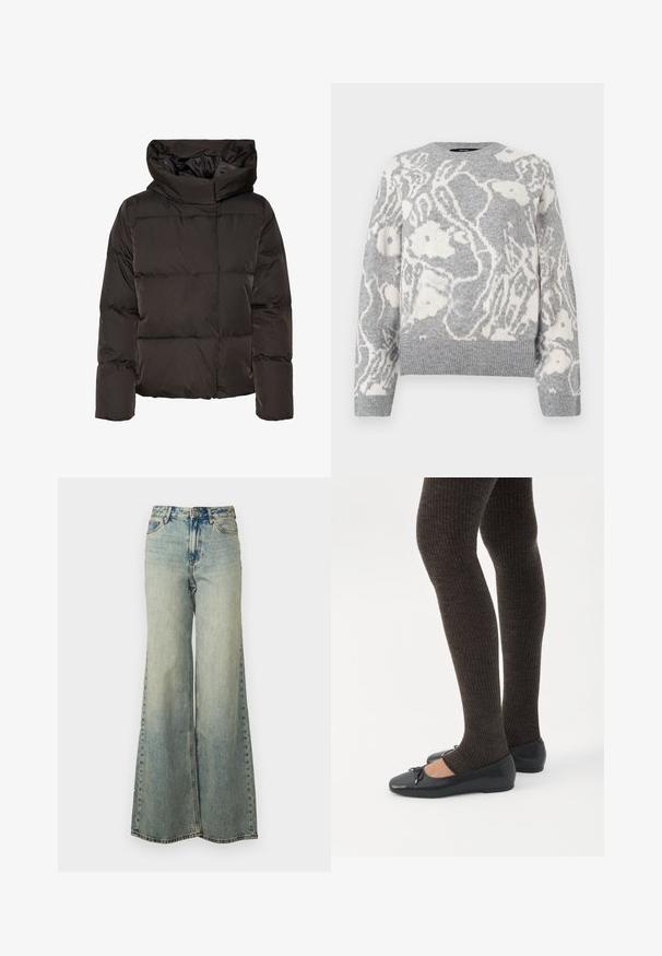 Sort dunjakke med høj krave, quiltet design og en firkantet facon. Fremstillet af glat, let materiale for varme.; Grå strikket sweater med et hvidt blomstermønster, rund halsudskæring og ribbede manchetter og kant, fremstillet af blødt materiale.; Lyseblå vide jeans lavet af denim, med høj talje, bleget vask og sidelommer med synlige stikninger.; Ben iført mørke ribbede leggings kombineret med sorte balletsko med små sløjfedetaljer på hvid baggrund.