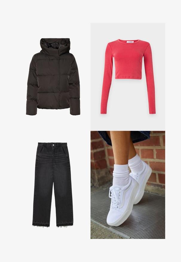Zwarte donzen jas met een hoge kraag, doorgestikt ontwerp en een vierkante vorm. Gemaakt van glad, lichtgewicht materiaal voor warmte.; Langsleeve, cropped top in geribbelde textuur, met een ronde hals. Kleur: levendig rood. Inclusief een label in de hals met "JJXX."; Zwarte denim trousers met een rechte pijp. Kenmerkt zich door een hoge taille, een rafelige zoom en een subtiele vervaagde textuur. Voorzien van zijzakken.; Witte canvas sneakers met rubberen zolen, voorzien van zes vetertjes, een ronde neus en lichte stikdetails, gecombineerd met witte enkelsokken.