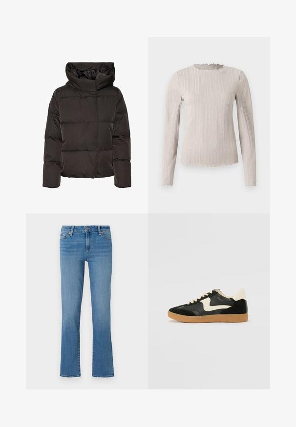 Sort dunjakke med høj krave, quiltet design og en firkantet facon. Fremstillet af glat, let materiale for varme.; Langærmet top i lys beige med ribbet tekstur. Har en scalloped halsudskæring og en subtil glimmer gennem stoffet.; Lyseblå denimbukser med lige ben, fem-lommer design og knaplukning. Blød tekstur med subtile whiskering-effekter.; Sorte ruskinds- og lædersneakers med en cremefarvet side-swoosh og lys cremefarvet hæl. Har beige snørebånd og en gummirubber-sål.