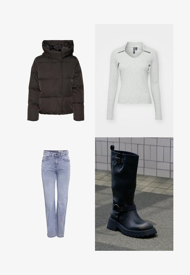 Sort dunjakke med høj krave, quiltet design og en firkantet facon. Fremstillet af glat, let materiale for varme.; Lys grå langærmet V-hals bluse med krave, lavet af blødt, struktureret stof, der har en tætsiddende pasform og minimal detaljer.; Lyseblå lige ben jeans lavet af denim, med knaplukning, fem lommer og subtil falming foran og bagpå.; Sort midt-læg læderstøvle med chunky sål, metal spænde nær toppen og rem med ringdetalje over anklen, på en belagt overflade.