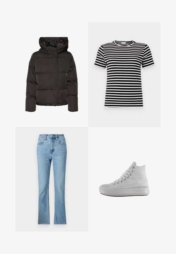 Sort dunjakke med høj krave, quiltet design og en firkantet facon. Fremstillet af glat, let materiale for varme.; Sort-hvid stribet kortærmet t-shirt med en ribbet tekstur og rund halsudskæring. Striberne er jævnt fordelt over stoffet.; Lyseblå denimjeans med høj talje, flagrende ben-design og klassisk fem-lomme stil. Har bæltestropper og synlig syning.; Hvid højt canvas sneaksko med hvide snørebånd, metaløjer, tyk gummisål og tekstureret tåhætte, vendt mod venstre på en hvid baggrund.