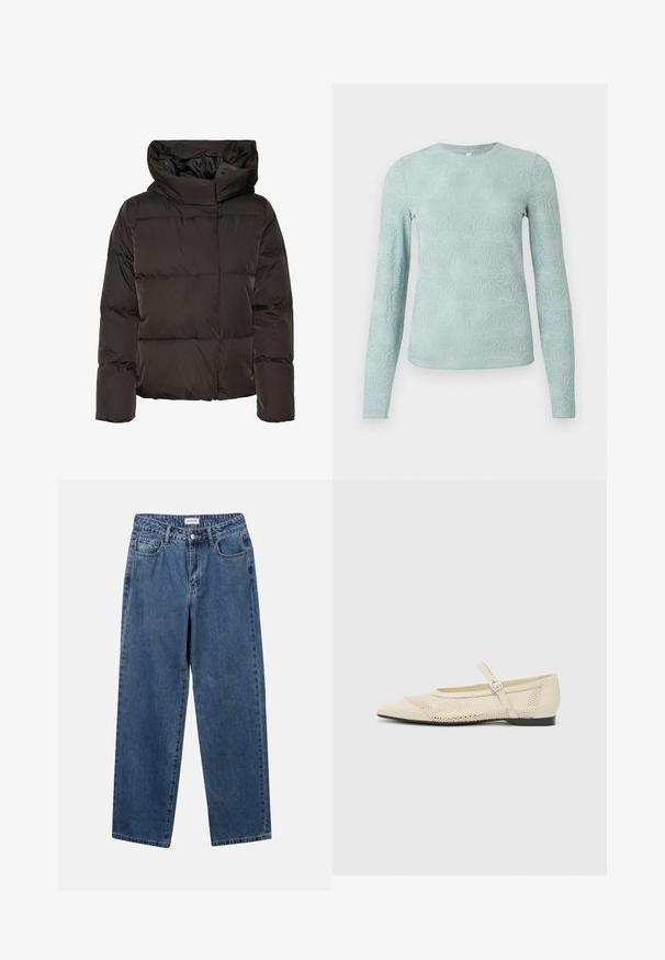 Sort dunjakke med høj krave, quiltet design og en firkantet facon. Fremstillet af glat, let materiale for varme.; Lyseblå langærmet skjorte med struktureret blomsterdesign, rund halsudskæring og figursyet snit. Fremstillet af blødt, elastisk stof.; Klassiske blå denimbukser med lige ben, fem lommer og knaplukning. Har en medium vask og en robust tekstur.; Beige balletflader med spids tå, mesh design overlay og en side spænde. Flad sål med en glat tekstur.