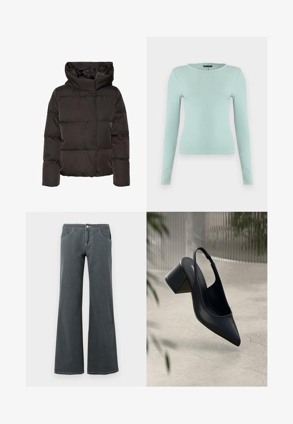Sort dunjakke med høj krave, quiltet design og en firkantet facon. Fremstillet af glat, let materiale for varme.; Langærmet ribbet top i lys mintgrøn. Tæt pasform med rund halsudskæring og tekstureret overflade. Enkel, alsidig beklædningsgenstand.; Grå jeans med vidde, lavet af denim med en glat tekstur. Funktioner inkluderer en knaplukning, bælteløkker og forlommer.; Sort læder slingback hæl med spids tå og blokhæl. Glat tekstur, minimalistisk design og justerbar ankelrem.