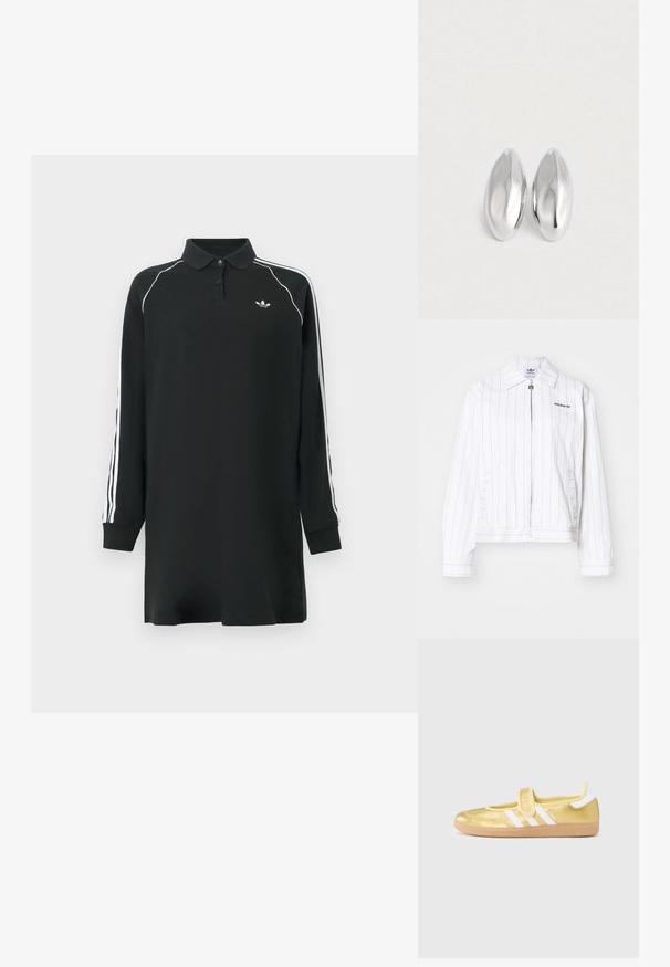 Hvid zip-up jakke med lodrette sorte striber, der har en spidse krave, sidelommer og Adidas-logoet i sort på brystet.; Sort langærmet polo-skjorte med knappet krave, med hvide accentstriber på ærmerne og et lille logo på brystet.; Guld sneakers med hvide striber og velcrolukning. Glat metallisk finish, rundet tå og tekstureret gummisål.; Et par glatte, skinnende sølvfarvede ovalformede genstande placeret side om side på en helt hvid baggrund.