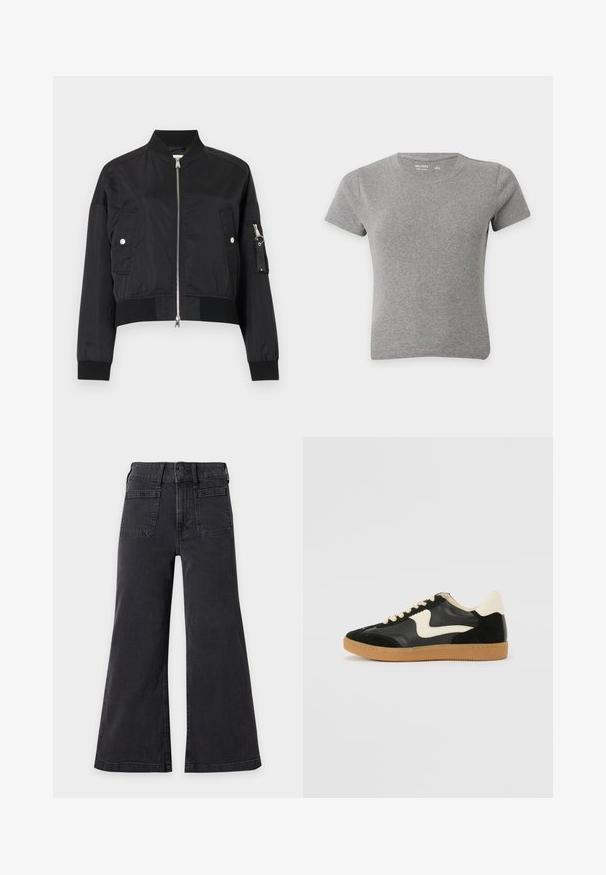 Veste bomber noire courte avec fermeture éclair frontale, col et poignets côtelés, deux poches à rabat avec bouton-pression, et une poche zippée sur la manche gauche.; T-shirt gris uni à manches courtes et col rond en coton, présenté à plat sur fond blanc.; Jean noir à jambes larges avec taille haute, deux poches plaquées devant et fermeture à double bouton.; Baskets en daim et cuir noir avec un swoosh latéral crème et un talon crème clair. Dotées de lacets beige et d'une semelle en caoutchouc gomme.