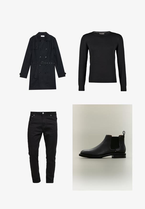 Manteau noir en trench coat avec un design double boutonnage, boutons noirs brillants, taille ceinturée et deux poches avant. Tissu lisse et texturé.; Pull en tricot noir à manches longues, col rond, avec des poignets et un ourlet côtelés. Texture lisse et coupe ajustée.; Jean noir en tissu denim, design slim fit, style à cinq poches, fermeture à bouton métallique, avec des détails de couture et une texture lisse.; Bottine Chelsea en cuir noir avec panneaux latéraux élastiques et languette sur fond gris clair.