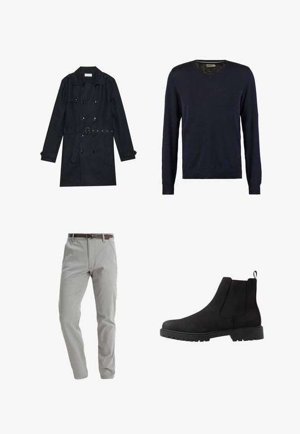 Manteau noir en trench coat avec un design double boutonnage, boutons noirs brillants, taille ceinturée et deux poches avant. Tissu lisse et texturé.; Pull en v bleu marine à manches longues, fabriqué en maille douce, avec des poignets et un ourlet côtelés, une texture lisse et sans motifs visibles.; Pantalons gris clair en tissu doux, avec une coupe droite, des poches avant et une ceinture en cuir marron pour le maintien.; Pier One UNISEX - Bottines - black