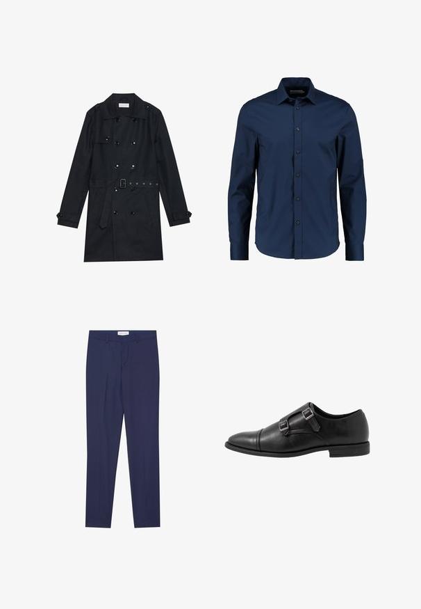 Manteau noir en trench coat avec un design double boutonnage, boutons noirs brillants, taille ceinturée et deux poches avant. Tissu lisse et texturé.; Chemise à manches longues bleu marine en tissu lisse, dotée d'un col classique, de boutons sur le devant et d'une coupe ajustée avec un hem arrondi.; Pantalons de costume navy en tissu lisse, dotés d'un devant plat, de deux poches latérales, d'une fermeture éclair et d'un ourlet net sans motifs ni accents.; Chaussure monk strap en cuir noir avec deux boucles en argent, design à bout capteur, bout rond et semelle en caoutchouc de profil bas. Texture lisse, silhouette élégante.