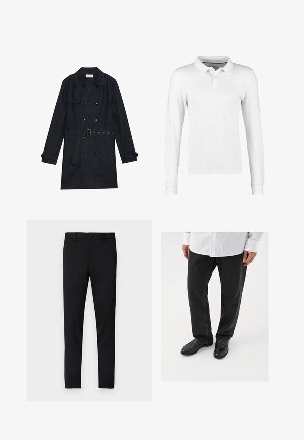 Manteau noir en trench coat avec un design double boutonnage, boutons noirs brillants, taille ceinturée et deux poches avant. Tissu lisse et texturé.; Polo à manches longues en coton blanc, avec un col, une patte de boutonnage à trois boutons et une texture unie sans motifs ni ornements.; Pantalon noir ajusté avec une texture lisse, fermeture par bouton, passants pour ceinture, sans motifs ni accents visibles.; Pantalons en denim noir associés à des mocassins noirs brillants. La chemise est blanche avec de fines rayures verticales, avec des manches longues et un col boutonné.