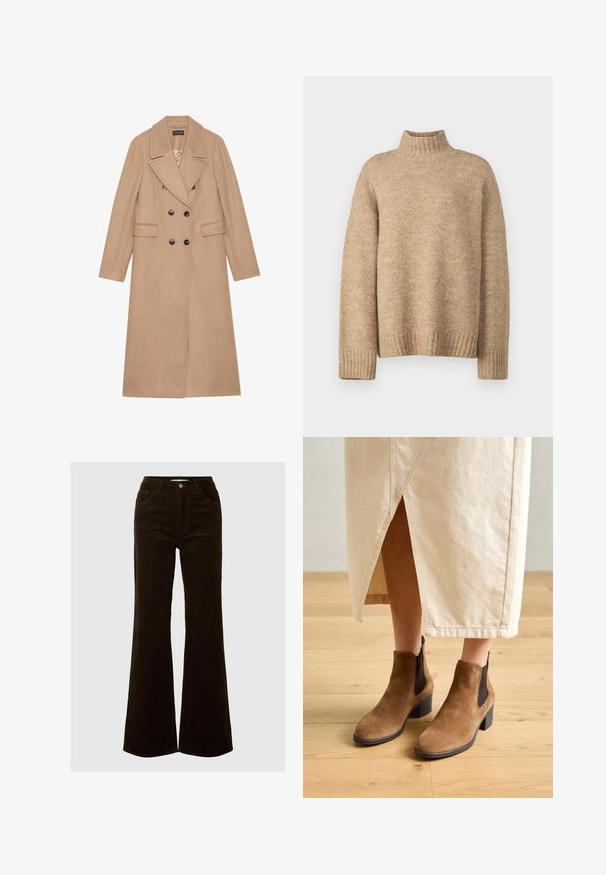 Manteau beige croisé avec un col à revers, fabriqué dans un tissu doux. Présente des boutons noirs et deux poches avant. Design à manches longues.; Pull à col roulé beige fabriqué en matériau tricot doux et texturé. Présente des poignets et un ourlet côtelés, ainsi qu'une coupe décontractée. Design classique et confortable.; Pantalon en velours côtelé marron foncé, taille haute avec jambes larges évasées, dotées de poches avant et d'une fermeture par bouton.; Bottines Chelsea en daim marron avec un large talon noir, présentant des panneaux latéraux élastiques et une finition lisse et texturée.