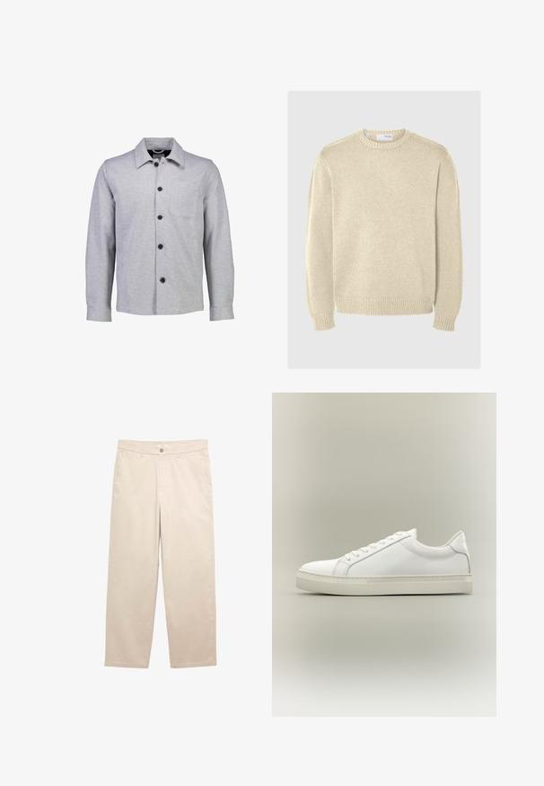 Graue Button-up-Jacke aus weichem Stoff. Verfügt über einen spitzen Kragen, lange Ärmel, eine Fronttasche und schwarze Knöpfe.; Helles beiges Strickpullover mit rundem Ausschnitt, langen Ärmeln, gerippten Bündchen und Saum. Glatte Textur mit einem mitteldicken Muster.; Beige gerade geschnittene Hose mit Knopf- und Reißverschluss, Gürtelschlaufen und seitlichen Vordertaschen, flach auf weißem Hintergrund liegend.; Weißer Sneaker mit niedrigem Schaft, vorn mit Schnürung und dicker Sohle, aus der Seitenansicht vor neutralem Hintergrund.