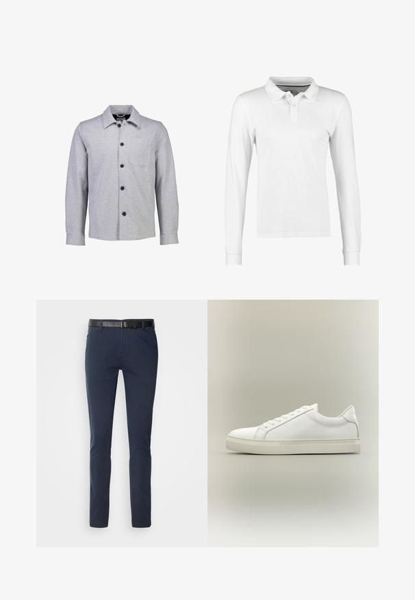 Grå button-up jakke lavet af blødt stof. Har en spids krave, lange ærmer, frontlomme og sorte knapper.; Langærmet polo shirt i hvid bomuld, med krave, tre knaplukninger og enkel tekstur uden mønstre eller dekorationer.; Marineblå bomuldsbukser med slim fit, udstyret med et struktureret sort læderbælte og klassiske lommer. Rent design, uden mønstre.; Hvid lavtop sneaker med snørebånd foran og tyk sål, vist fra siden mod en neutral baggrund.