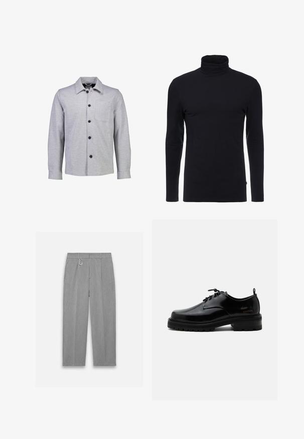 Grijze button-up jas gemaakt van zachte stof. Beschikt over een puntige kraag, lange mouwen, een voorkantzak en zwarte knopen.; Zwarte lange mouw turtleneck shirt gemaakt van zachte, rekbare stof. Heeft een aansluitend ontwerp en een gladde textuur. Geen zichtbare patronen of accenten.; Grijze, geplooide broek gemaakt van een gestructureerde stof. Voorzien van een karabijnhaak op de tailleband en zijzakken voor opslag.; Zwarte gepolijste leren veterschoen met dikke rubberen zool en lage hak, zijmerktekst "SAMSOE" en een achterste aantreklus.