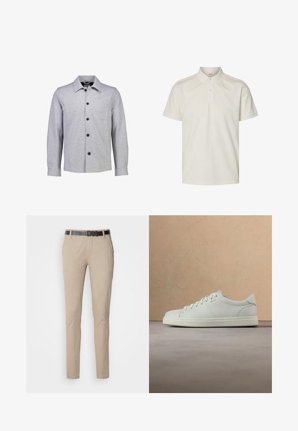 Grå button-up jakke lavet af blødt stof. Har en spids krave, lange ærmer, frontlomme og sorte knapper.; Kortærmet off-white poloshirt med to knapper og ribbet krave, vist på en ensfarvet hvid baggrund.; Beige chinos med slank pasform, lavet af blødt bomuldsstof. Har et sort tekstureret bælte, to sidelommer og en glat finish.; Hvid lædersneaker med en glat tekstur, rund snude og flade snørebånd. Har et diskret logo og en letvægts sål.