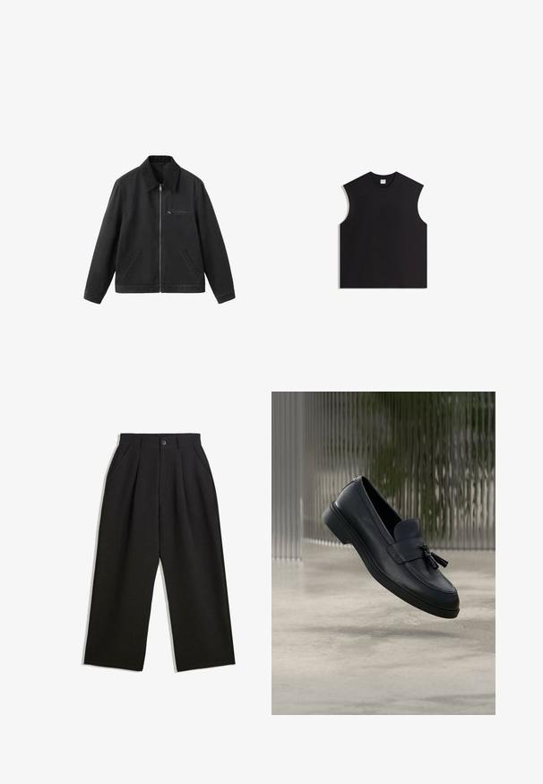 Veste noire zippée avec col, poche zippée sur la poitrine à droite, et deux poches latérales diagonales, présentée sur fond blanc.; Haut noir sans manches en tissu de coton uni, présentant un col rond et une silhouette ample et carrée avec des bords bruts.; Pantalons noirs à coupe décontractée, avec des plis à l'avant, des poches latérales et une fermeture à bouton. Fabriqués en tissu texturé.; Mocassins en cuir noir avec une texture lisse, un bout arrondi et des pampilles décoratives à l'avant. Semelle en caoutchouc flexible avec un petit talon.