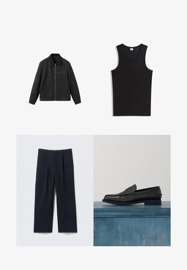 Veste noire zippée avec col, poche zippée sur la poitrine à droite, et deux poches latérales diagonales, présentée sur fond blanc.; Débardeur noir en coton, doté d'un col rond et d'une coupe sans manches. Texture lisse sans motifs ni accents visibles.; Pantalon bleu marine foncé en tissu lisse, avec une coupe ajustée, deux poches avant et une fermeture par bouton.; Mocassins noirs en cuir avec un design élégant, comportant un bout cousu et une finition lisse. La chaussure possède un talon bas et un minimum de détails.