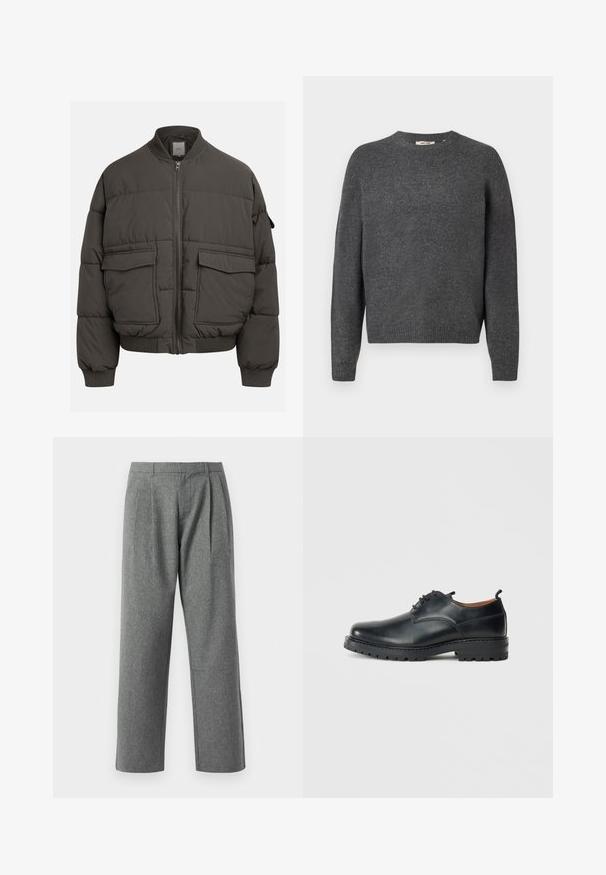 Veste en duvet gris foncé avec un col côtelé, fermeture éclair intégrale et deux poches avant. Texture matelassée avec une silhouette légèrement raccourcie.; Pull gris foncé en tricot doux, avec un col rond, des manches longues et des bords côtes au niveau de l'ourlet et des poignets. Design uni, sans motifs.; Pantalons gris à jambes droites en tissu texturé, avec des plis à l'avant et une taille basique, sans poches visibles.; Chaussures derby en cuir noir avec une texture lisse, bout rond, design à lacets et une semelle en caoutchouc épaisse et robuste.