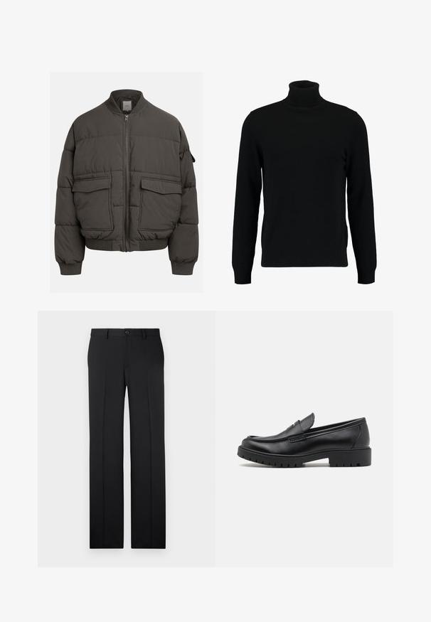 Veste en duvet gris foncé avec un col côtelé, fermeture éclair intégrale et deux poches avant. Texture matelassée avec une silhouette légèrement raccourcie.; Un pull à col roulé noir en matière tricotée douce. Il possède des manches longues, un col et un ourlet côtelés. Son design est simple et épuré, sans motifs.; Pantalons noirs ajustés avec une coupe droite, en tissu lisse, avec des plis avant et une fermeture à bouton unique à la taille.; Mocassins en cuir noir avec un bout arrondi, un design à enfiler et une semelle en caoutchouc épaisse avec une texture antidérapante. Talon surélevé et détails de surpiqûre subtils.