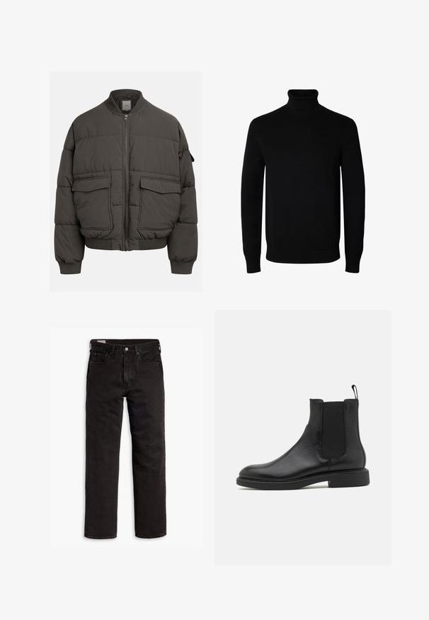 Veste en duvet gris foncé avec un col côtelé, fermeture éclair intégrale et deux poches avant. Texture matelassée avec une silhouette légèrement raccourcie.; Pull noir à col roulé manches longues avec poignets et bas côtelés, présenté sur un fond blanc uni.; Jean en denim noir à jambes droites avec cinq poches, fermeture à bouton et passants de ceinture, posés à plat sur un fond blanc.; Botte de cheville en cuir noir avec une texture lisse, des panneaux latéraux élastiques et une languette. Bout rond et semelle en caoutchouc plate avec un minimal de relief.