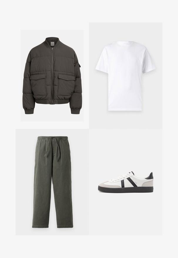 Veste en duvet gris foncé avec un col côtelé, fermeture éclair intégrale et deux poches avant. Texture matelassée avec une silhouette légèrement raccourcie.; T-shirt blanc à manches courtes en coton avec un col rond, présentant une texture lisse et un design simple, sans motifs ni accents.; Pantalons vert olive foncé avec ceinture à cordon en tissu léger. Coupe ample avec jambes droites et sans poches ni embellissements visibles.; Baskets blanches avec des accents noirs et gris, présentant un embout texturé gris, une semelle en caoutchouc noir et des lacets plats blancs. Design épuré, style minimaliste.