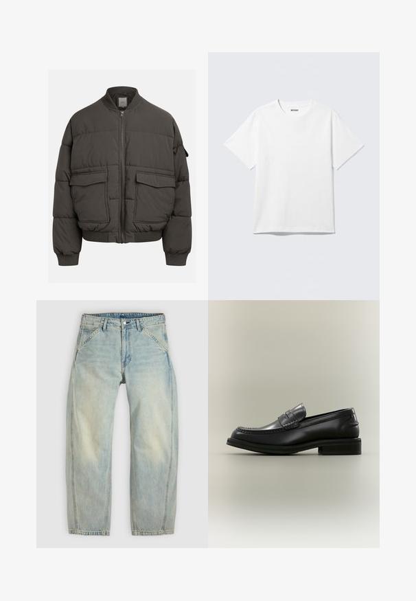 Veste en duvet gris foncé avec un col côtelé, fermeture éclair intégrale et deux poches avant. Texture matelassée avec une silhouette légèrement raccourcie.; T-shirt blanc à manches courtes et col rond, étalé à plat, design uni, avec l'étiquette "WEEKDAY" à l'intérieur du col sur un fond clair.; Jean large couleur bleu clair en denim. Comprend cinq poches, une fermeture par bouton et des zones délavées pour un aspect usé.; Mocassin penny en cuir noir avec un détail cousu et un petit talon empilé présenté sur un fond clair uni.